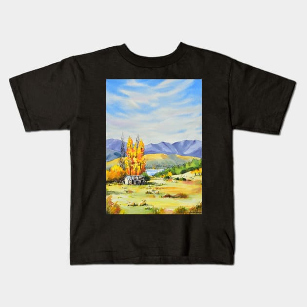 Old farm shed, Wanaka, New Zealand Kids T-Shirt by scatterlings